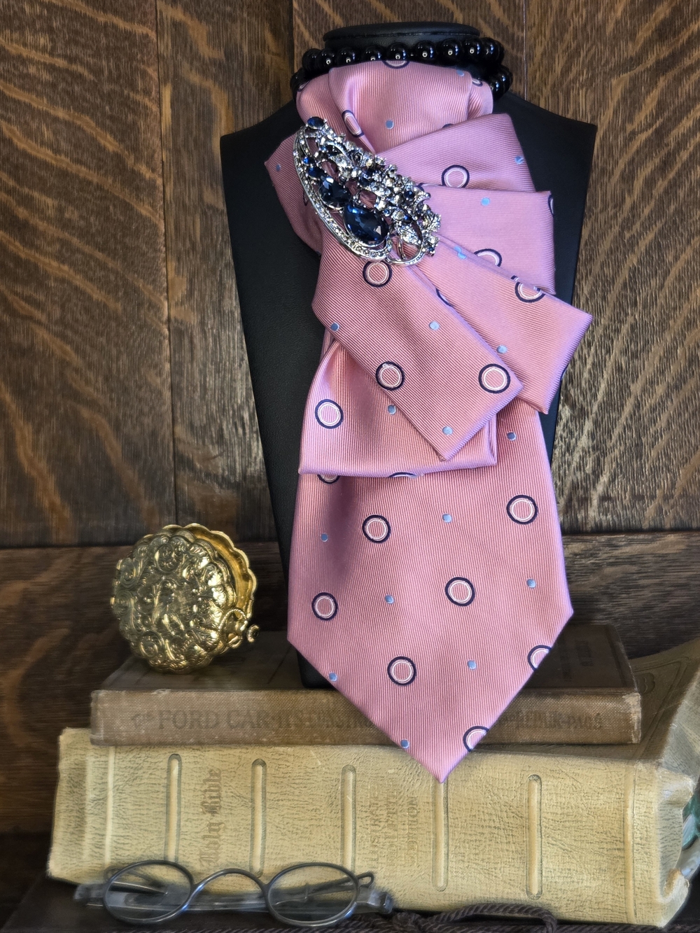 Pink Polka Dot Women's Neck Tie with Jewel Accent